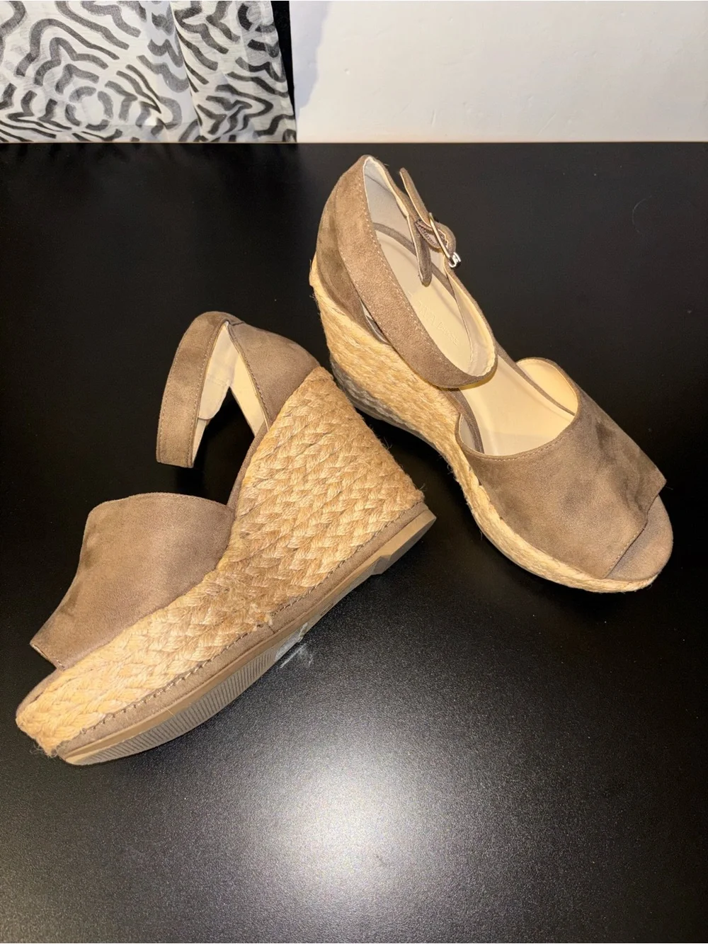 Suede Ankle-Strap Espadrille Wedge Sandals in Taupe